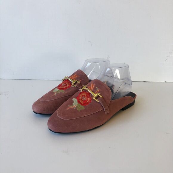 Ellos Horsebit Leather Suede Mules Loafers Pink Rose Embroidered Womens Size 8.5 - Picture 2 of 13